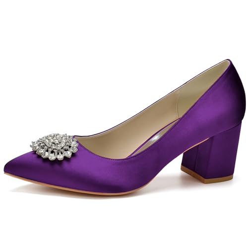 Frauen Spitze Spitze Strümpfe Dicke Absätze Braut Pumps Kristall Anziehen Hochzeitsschuhe,Dark Purple,39 EU von ENWIND