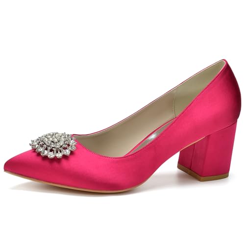 Frauen Spitze Spitze Strümpfe Dicke Absätze Braut Pumps Kristall Anziehen Hochzeitsschuhe,Fuchsia,35 EU von ENWIND