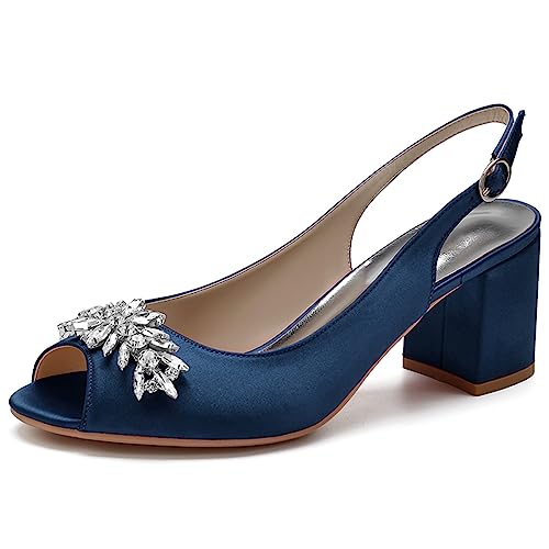 High Heel Block Sandalen Für Frauen High Heels Peep Toe Strass Sommer Sandalen Für Hochzeit,Dark blue,36 EU von ENWIND