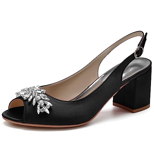 High Heel Block Sandalen Für Frauen High Heels Peep Toe Strass Sommer Sandalen Für Hochzeit,Schwarz,40 EU von ENWIND