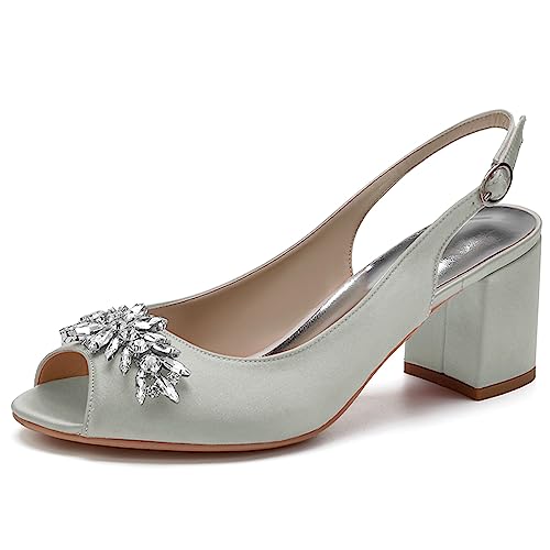 High Heel Block Sandalen Für Frauen High Heels Peep Toe Strass Sommer Sandalen Für Hochzeit,Silber,40 EU von ENWIND