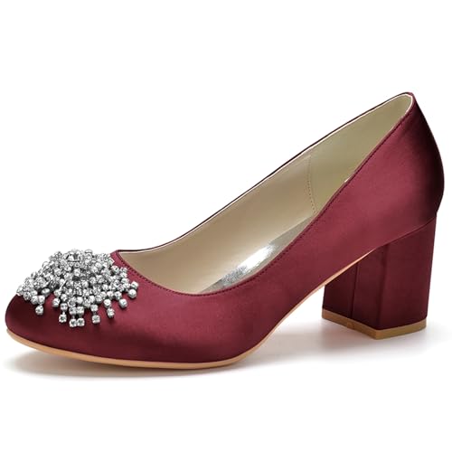 Hochzeit Schuhe Breite Ferse für Frauen Satin Runde Spitze Slip on Braut Abendschuhe mit Diamanten,Burgundy,38 EU von ENWIND