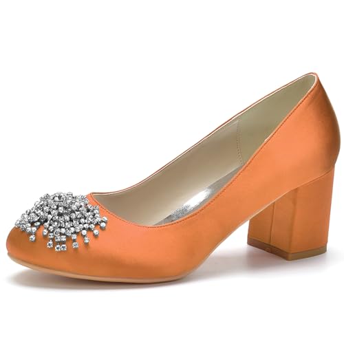 Hochzeit Schuhe Breite Ferse für Frauen Satin Runde Spitze Slip on Braut Abendschuhe mit Diamanten,Orange,40 EU von ENWIND