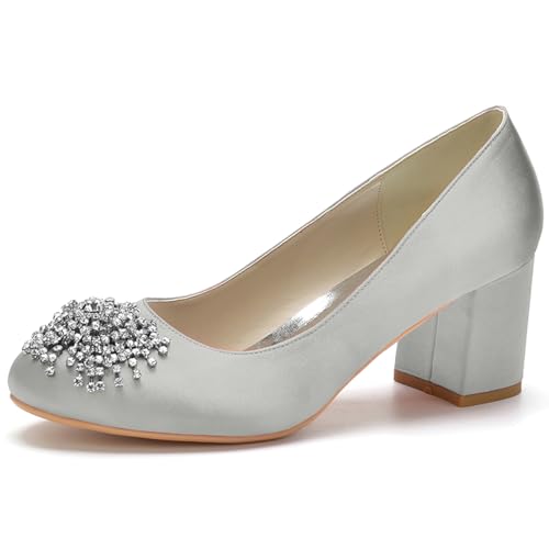 Hochzeit Schuhe Breite Ferse für Frauen Satin Runde Spitze Slip on Braut Abendschuhe mit Diamanten,Silber,43 EU von ENWIND