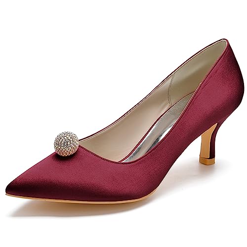 Niedriger Kätzchen-Absatz Pumps Damen Strass Geschlossen Zehenbereich Satin Hochzeit Brautschuhe Elegante D'orsay Kleid Schuhe,Burgundy,36 EU von ENWIND