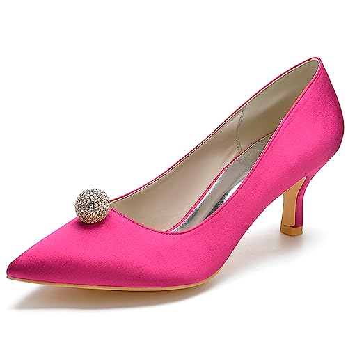 Niedriger Kätzchen-Absatz Pumps Damen Strass Geschlossen Zehenbereich Satin Hochzeit Brautschuhe Elegante D'orsay Kleid Schuhe,Fuchsia,41 EU von ENWIND