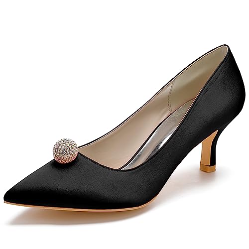 Niedriger Kätzchen-Absatz Pumps Damen Strass Geschlossen Zehenbereich Satin Hochzeit Brautschuhe Elegante D'orsay Kleid Schuhe,Schwarz,35 EU von ENWIND