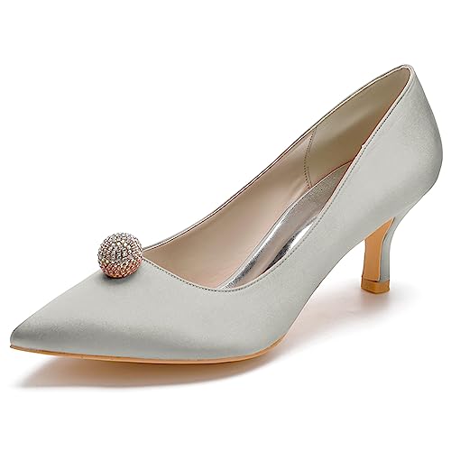 Niedriger Kätzchen-Absatz Pumps Damen Strass Geschlossen Zehenbereich Satin Hochzeit Brautschuhe Elegante D'orsay Kleid Schuhe,Silber,38 EU von ENWIND