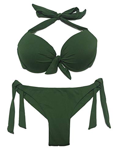 EONAR Damen Bademode Nackenträger Push up Bikinioberteil mit Underwire Niedriger Bund Bikinihosen Seitlich zu binden Brazil Bikinislip Bikini Sets(M,Army Green) von EONAR