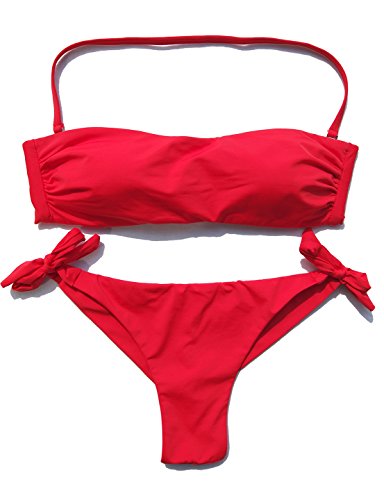 EONAR Damen Zweiteilige Bikini Set Badeanzug Strandkleidung Neckholder Oberteil Bandeau Mit Side Tie Bikini Bottom Niedriger Bund Brazil-Bikinihosen Abnehmbar Bademode (L,Red) von EONAR