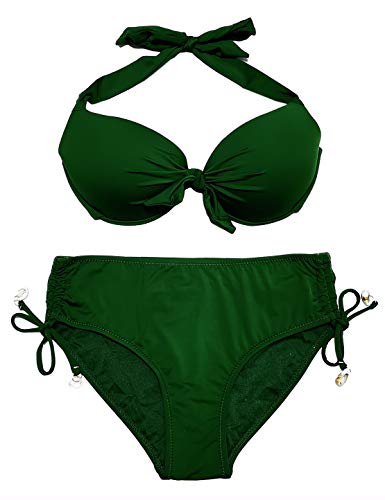 EONAR Damen Swimsuit Abnehmbar Bademode Neckholder Badeanzug Push up Bikini Oberteil Mit High Waist Bikini Bottom Sport Zweiteilige Bikini Set(XXL,Army Green) von EONAR