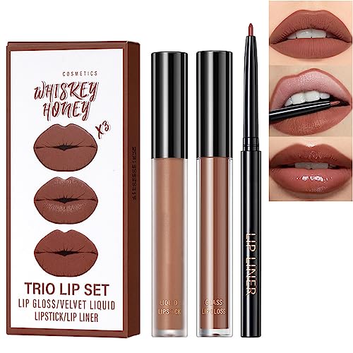 EONFAVE Lipgloss Set, 3 In 1 Lang Anhaltender Mattem Lip Liner Lip Tint Gloss Lippenstift Set, Feuchtigkeitsspendendem Nicht Klebender Weicher Samt Lipgloss Präziser Lip Liner Set Frauen Mädchen von EONFAVE