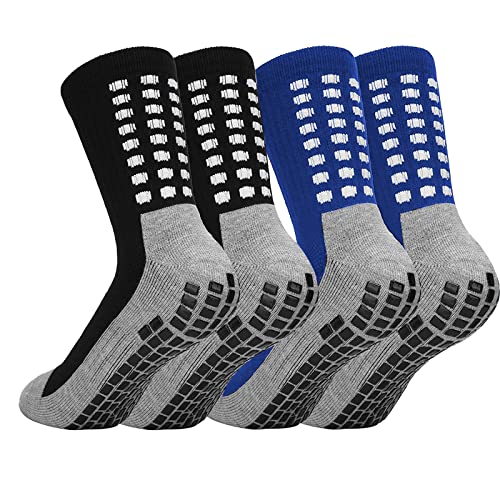 Rutschfeste Fußballsocken Kinder 2 Paare, Anti-Rutsch Sport Socken Atmungsaktive Anti-Blasen Bequeme Fußball Socken Jungen Mädchen Rugby Griff Socken für Laufen Basketball und Wandern (Schwarz/Blau) von EQLEF