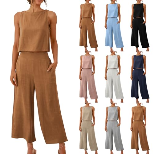 2 Teiler Hosenanzug Damen Elegant Zweiteiler Outfit Sommer Ärmelloses Tank Top und Hose Frühlingsmode Trainingsanzug Baumwolle Leinen Freizeitanzug mit Taschen Sportanzug Leicht Einfarbig Loungewear von EQWIGKEIT