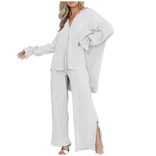 Damen Set Zweiteiler Musselin Casual Outfits Revers Langarm Button Down Shirt Hohe Taille Lange Hosen Damen 2 Stück Loungewear Streetwear Anzüge Weites Plissee Bein Hosenanzüge von EQWIGKEIT