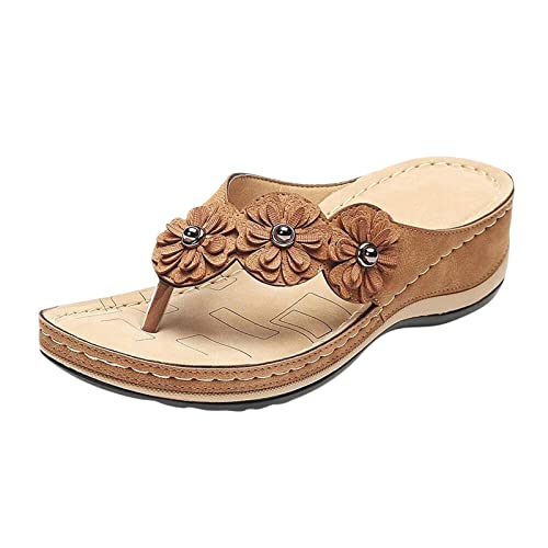 Damen Zehentrenner- Orthopädische Sandalen Damen, Modische Pantoletten mit Natur Kork-Fussbett - Frauen Schuhe mit Fussbett Sandaletten Bequem Römer Boho Flip Flops Flache Schuhe Slingback Sandalen von EQWIGKEIT