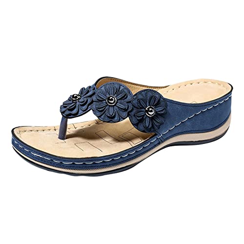 Damen Zehentrenner- Orthopädische Sandalen Damen, Modische Pantoletten mit Natur Kork-Fussbett - Frauen Schuhe mit Fussbett Sandaletten Bequem Römer Boho Flip Flops Flache Schuhe Slingback Sandalen von EQWIGKEIT