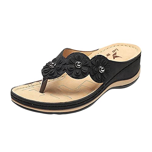 Damen Zehentrenner- Orthopädische Sandalen Damen, Modische Pantoletten mit Natur Kork-Fussbett - Frauen Schuhe mit Fussbett Sandaletten Bequem Römer Boho Flip Flops Flache Schuhe Slingback Sandalen von EQWIGKEIT