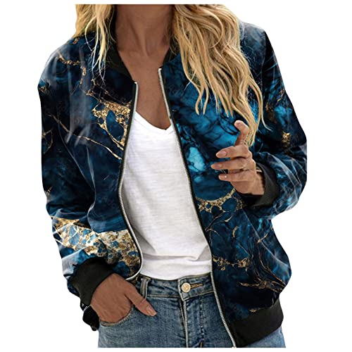 EQWIGKEIT Bomberjacke Damen Lässig Bikerjacke Leicht Pilotenjacke Vintage Freizeitjacke Kurz Übergangsjacke Oversized Sweatjacke Farbverlauf Damenjacke Langarm Fliegerjacke (Dark Blue-A, L) von EQWIGKEIT