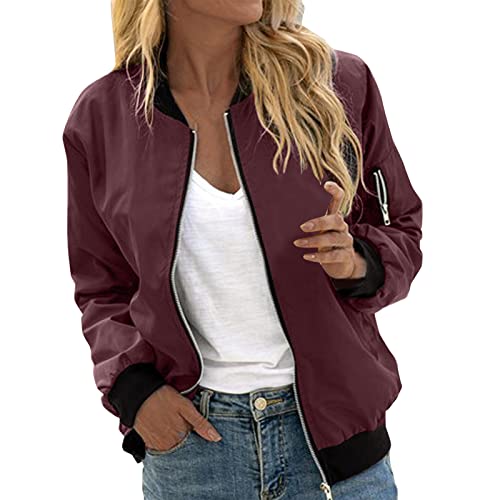 EQWIGKEIT Bomberjacke Damen Lässig Bikerjacke Leicht Pilotenjacke Vintage Freizeitjacke Kurz Übergangsjacke Oversized Sweatjacke Farbverlauf Damenjacke Langarm Fliegerjacke Motorradjacke (1-Red, L) von EQWIGKEIT