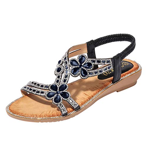 EQWIGKEIT Sandalen Damen Sommer Flach Sandaletten Strass Sandals Sommer Bequeme Zehentrenner Weiche Sohl Sommerschuhe Bohemia Leichte Strandsandalen Damen Elegante Schöne Weichen Sohlen Flip Flops von EQWIGKEIT