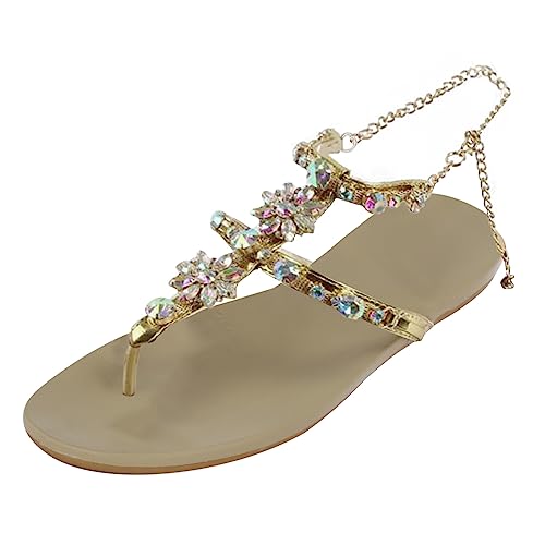 EQWIGKEIT Sandalen Damen Sommer Flach Sandals Elegante Schöne Flip Flops Sommer Bohemia Sandaletten Offene Zehe Leichte Strandsandalen Damen Weiche Sohl Sommerschuhe Strass Bequeme Zehentrenner von EQWIGKEIT