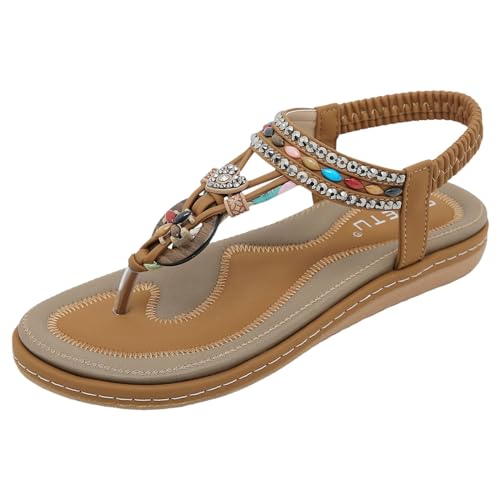 EQWIGKEIT Sandalen Damen Sommer Flip Flops Bohemian Flach Zehentrenner mit Strass Sommerschuhe T-Riemen Weichen Sohlen Sandalette Gummiband Slingback Sandalen Mädchen Strandschuhe von EQWIGKEIT