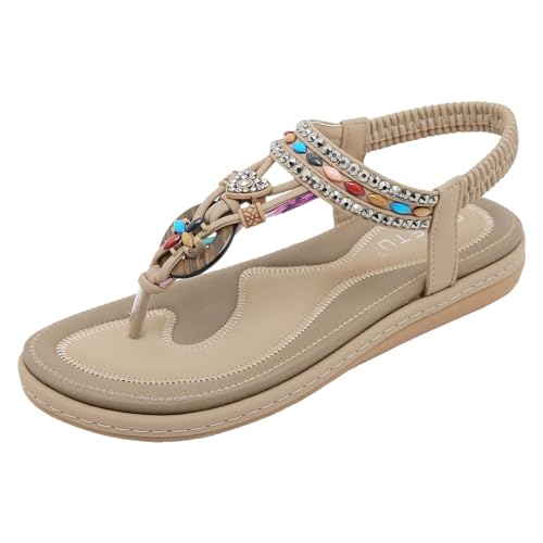 EQWIGKEIT Sandalen Damen Sommer Flip Flops Bohemian Flach Zehentrenner mit Strass Sommerschuhe T-Riemen Weichen Sohlen Sandalette Gummiband Slingback Sandalen Mädchen Strandschuhe von EQWIGKEIT