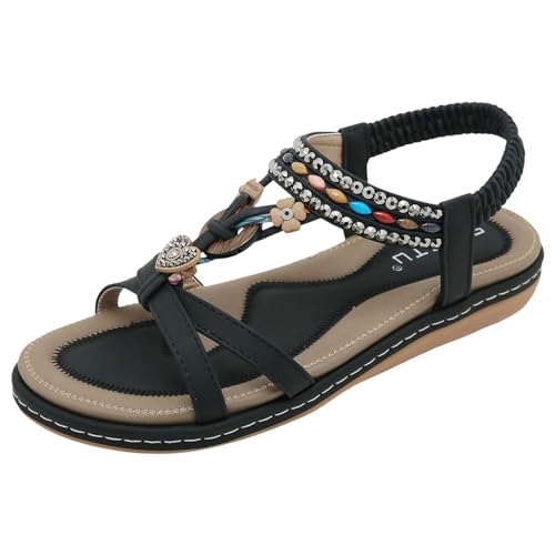 EQWIGKEIT Sandalen Damen Sommer Weiche Sohl Sandals Flach Flip Flops Sommer Weichen Sohlen Sandaletten Elegante Schöne Leichte Strandsandalen Damen Bequeme Sommerschuhe Strass Bohemia Zehentrenner von EQWIGKEIT