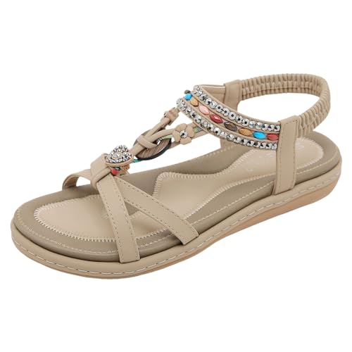 EQWIGKEIT Sandalen Damen Sommer Weiche Sohl Sandals Flach Flip Flops Sommer Weichen Sohlen Sandaletten Elegante Schöne Leichte Strandsandalen Damen Bequeme Sommerschuhe Strass Bohemia Zehentrenner von EQWIGKEIT