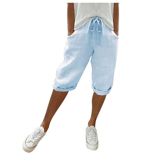 EQWIGKEIT Sommerhosen Damen Leicht und Luftig Leinenhose Kurze Hosen Damen Sommer Hohe Taille Caprihose Elastisch Einfarbig Shorts Damen Knielang Strandhose mit Kordelzug Stoffhose von EQWIGKEIT