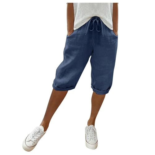 EQWIGKEIT Sommerhosen Damen Leicht und Luftig Leinenhose Kurze Hosen Damen Sommer Hohe Taille Caprihose Elastisch Einfarbig Shorts Damen Knielang Strandhose mit Kordelzug Stoffhose von EQWIGKEIT