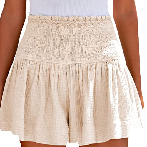 Kurze Hose Damen Leinen Musselin Shorts Damen Sommer High Waist Leinenhose Elastisch Taille Kurz Hosen Causal Rüschen Strandshorts Einfarbig Lässige Stoffhose Stretch Gerades Bein Sport Shorts von EQWIGKEIT