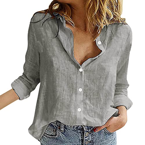 Musselin Bluse Damen Elegant Oberteile Lose Oversize Shirt Damen Lässig Langarmshirt Hemdbluse Stehkragen Hemd Langarm Longbluse Einfarbig Tops (Y1-Grey, M) von EQWIGKEIT