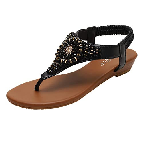 Sandalen Damen Sommer Bequeme Sandals T-Riemen Zehentrenner Sommer Elegante Schöne Sandaletten Offene Zehe Leichte Strandsandalen Damen Flach Sommerschuhe Weichen Sohlen Weiche Sohl Flip Flops von EQWIGKEIT