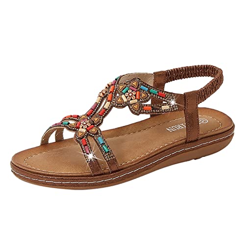 Sandalen Damen Sommer Elegante Schöne Sandaletten Bohemia Sandals Sommer Weichen Sohlen Flip Flops Flach Leichte Strandsandalen Damen Weiche Sohl Sommerschuhe Offene Zehe Bequeme Zehentrenner von EQWIGKEIT