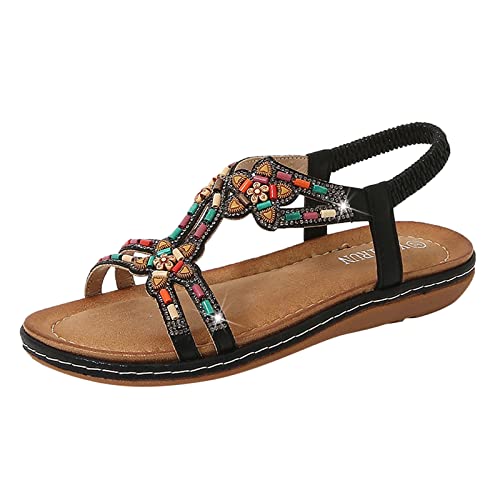 Sandalen Damen Sommer Elegante Schöne Sandaletten Bohemia Sandals Sommer Weichen Sohlen Flip Flops Flach Leichte Strandsandalen Damen Weiche Sohl Sommerschuhe Offene Zehe Bequeme Zehentrenner von EQWIGKEIT