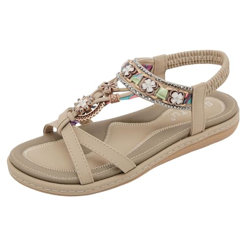 Sandalen Damen Sommer Offene Zehe Sandals Weiche Sohl Flip Flops Sommer Elegante Schöne Sandaletten Bohemia Leichte Strandsandalen Damen Weichen Sohlen Sommerschuhe Flach Bequeme Zehentrenner von EQWIGKEIT