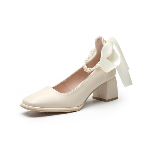 Frauen Beige Mary Jane Schuhe Schleife Seicht Mund Band Hohe Absätze Quadrat Kopf Mode Sandalen Perle String Zart Einfach Vier Jahreszeiten Einzelne Schuhe von ERICAT