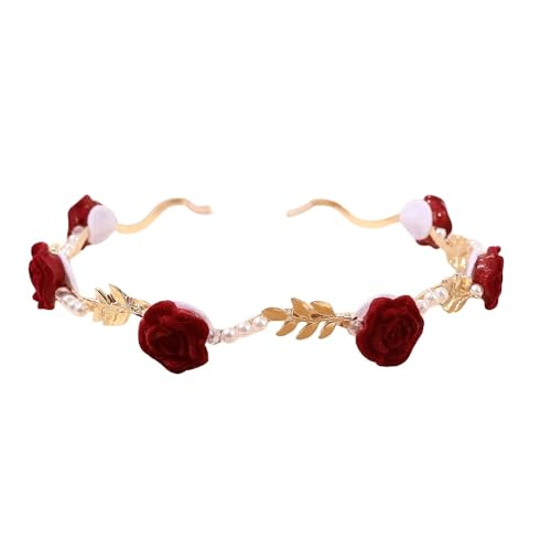 Vintage Haarband Rose Perle Stirnband Frauen Süße Braut Kopf Hoop Haarspange Haarschmuck (Color : Red rose) von ERICAT