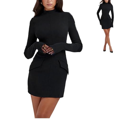 Afloura Cargo Mini Dress for Women, Black Mini Dress Long Sleeve, Fashion High Neck Wrap Dress for Women (S, Black) von ERISAMO