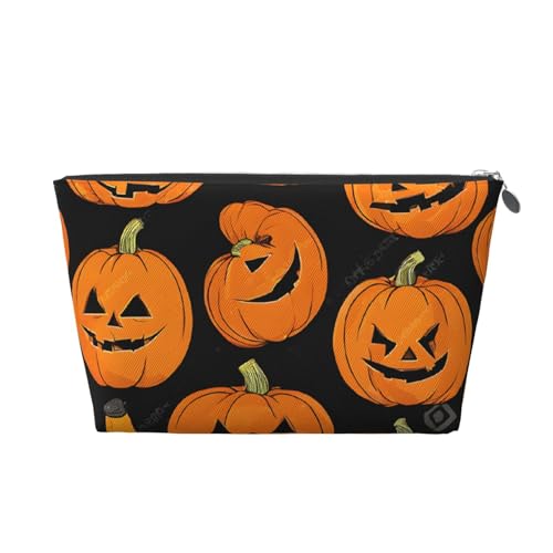 Kulturbeutel aus Leder mit Halloween-Kürbis-Muster, ein modischer und praktischer Make-up-Organizer, silber, Einheitsgröße Kulturbeutel aus Leder mit Halloween-Kürbis-Muster, ein modischer und praktischer Make-up-Organizer, silber, Einheitsgröße von ESASAM