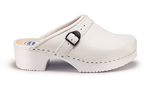 ESTRO Clogs Damen Holz Leder - Damen Clogs Leder Holzschuhe Damen Holzclogs Damen Leder mit rutschfeste Gummisohle CDL09 (Weiß, 38) von ESTRO