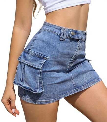 Damen Y2k Denim-Minirock, niedrige Taille, süße Röcke, Cargo-Jeansröcke, Kleider mit Taschen, Blau, Klein Damen Y2k Denim-Minirock, niedrige Taille, süße Röcke, Cargo-Jeansröcke, Kleider mit Taschen, Blau, Klein von ETOSELL