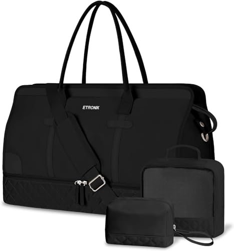 ETRONIK Weekender Reisetasche Damen, Große Reisetasche mit Schuhfach & Nass-Tasche, Tragetasche Sporttasche mit Kulturtasche, Tasche für Krankenhaus 3er Set Large Size (Schwarz) von ETRONIK