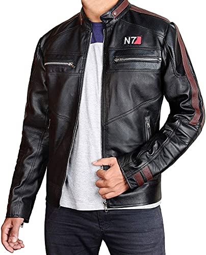 EU Fashions Damen Lederjacke Commander Shepard Street Fighter Mass Effect N7 Logo Schwarz, Schwarz - N7 Street Fighter Jacke Echtleder, S von EU Fashions