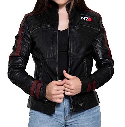 EU Fashions Damen Lederjacke Commander Shepard Street Fighter Mass Effect N7 Logo Schwarz Gr. XXL, Schwarz - Mass Effect Echtleder Jacke Damen von EU Fashions