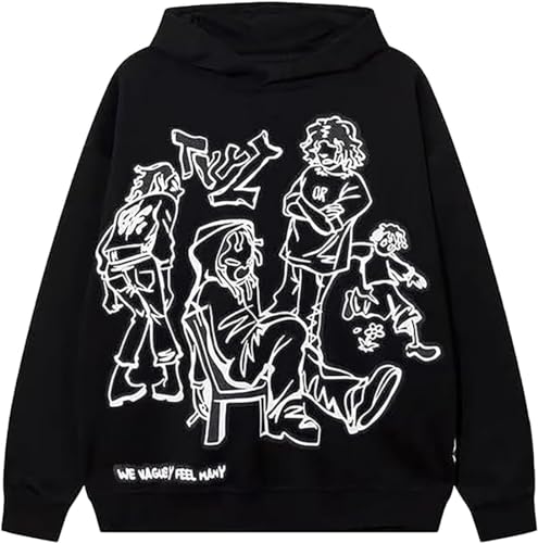 EUDOLAH Damen Herren Y2K Hoodie Charakter Graffiti Kapuzenpullover Langarm Unisex Oversized Sweater mit Kapuze 01 Schwarz M von EUDOLAH