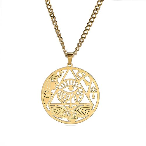 EUEAVAN Auge des Horus Ankh Kreuz Halskette für Frauen Männer Ägyptische Göttin Isis Allah Runder Anhänger Doppelflügel Altägyptischer Schmuck Schutz Amulett (Gold) von EUEAVAN