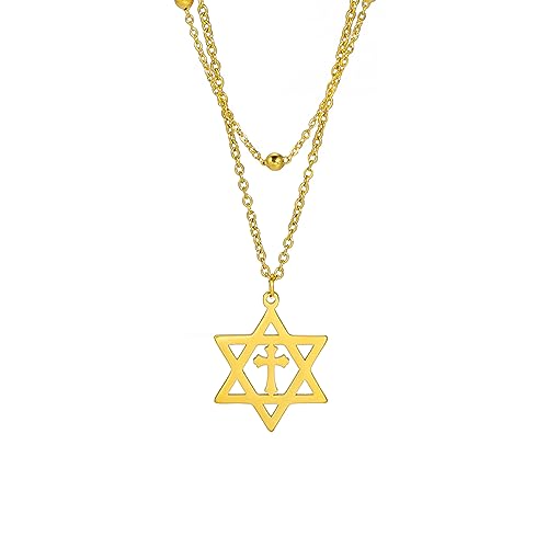 EUEAVAN Davidstern Halskette für Frauen Hexagramm Anhänger Halskette Amulett Symbo Jüdisch Israel Religiös David Schmuck Geschenk Frauen (Double Layered Kette Gold) von EUEAVAN